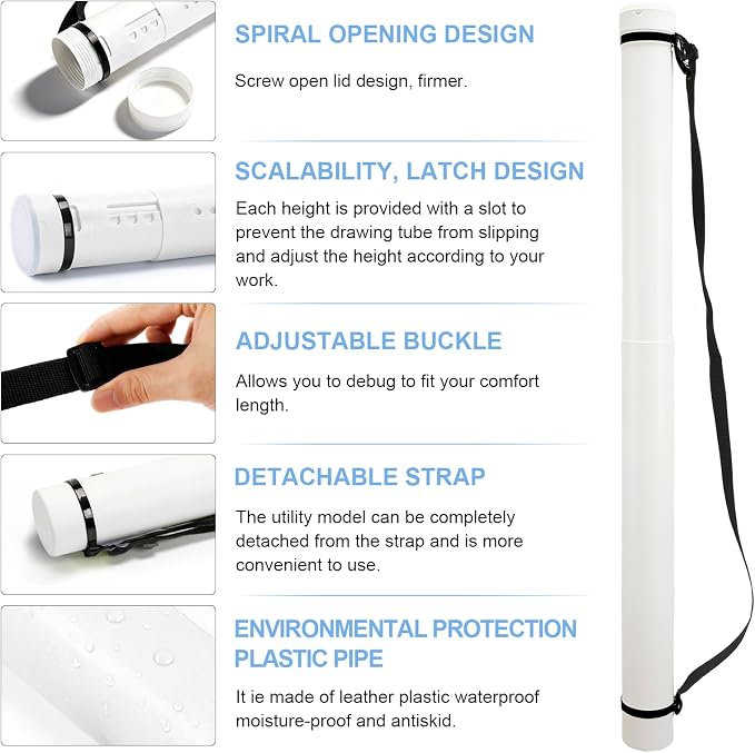 DEWEL Poster Tube, Waterproof Poster Holder Plastic Expandable Poster/Art/Document Storage Tube 24.5" to 40", Adjustable Poster Storage Blueprint Holder with Carrying Strap (White-Large Size)