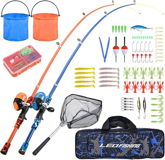LEOFISHING Portable Kids Fishing Rod Set 2Pack Telescopic Fishing Poles for Boys and Girls Fishing Rod and Reel Combos with Full Kits Fishing Net and Bucket for Toddler Youth