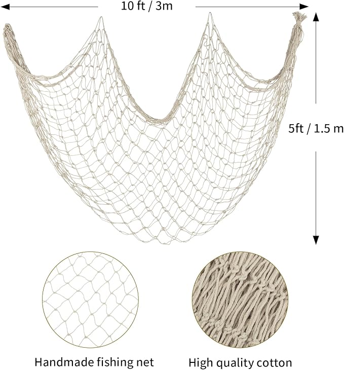 ZUEXT Beige Decorative Fishing Net 5x10 Feet, 3 Pack Large Picture Fish Net Decor, Wall Photo Hanging Fishnet for Nautical Mermaid Pirate Ocean Themed Hawaii Beach Under The Sea Party Decorations