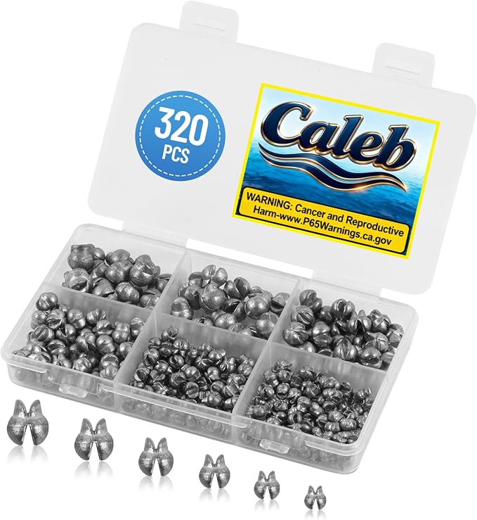 Caleb 200/320Pcs Split Shot Fishing Weights Sinkers, Removable Lead Fishing Weights, Premium Duckbill Reusable Fishing Sinkers for Freshwater Saltwater Bass Trout Fishing Accessories - 5/6 Sizes