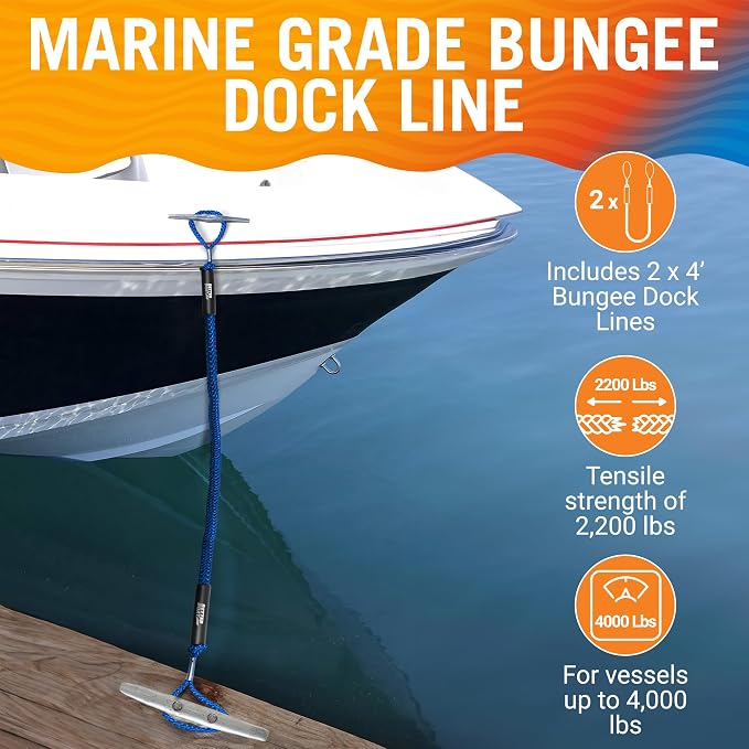 2-Pack Blue Bungee Dock Lines, Marine Grade Boat Rope, Jet Ski or PWC Mooring Ties, Boating Accessories for Boats