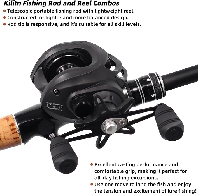 Kilitn Fishing Rod and Reel Combo, Ultra-Light Baitcasting Combo Baitcast Reel Durable Fiberglass Telescopic Rod with Comfortable Handle for Freshwater or Saltwater Fishing
