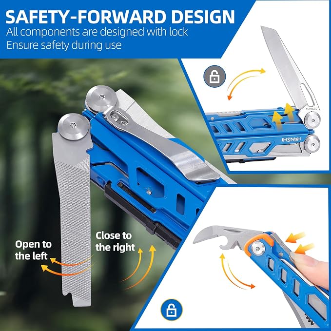 HANSHI Multitool Pliers, 22-in-1 YG10 Tungsten Steel Multi Tool with Scissors,Replaceable Wire Cutters, Flint, Window Breaker, Back Clip,Ideal for Camping, Survival and Gift(Blue)