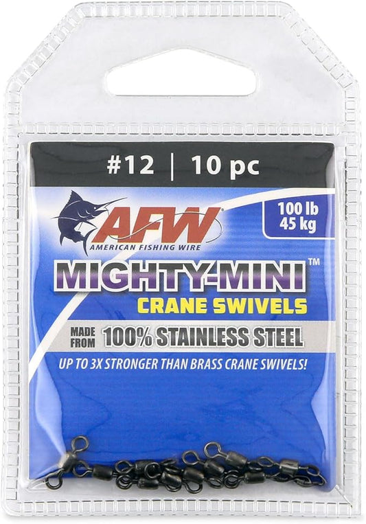 AFW American Fishing Wire Fishing Swivels - Mighty Mini 100% Stainless Steel Crane Swivels, 3X Stronger Than Brass, for Terminal Tackle Box, Up to 600lb Test - Fishing Gear for Fishing Line Leaders