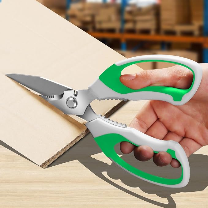 BoFuYuan 8-Inch Utility Scissors All Purpose Heavy Duty, Serrated Blade, Green Comfort Grip for Cutting Carpet, Cardboard, Leather, Fabric, Multipurpose Sharp Shears for Kitchen, Garden, Office, Carft