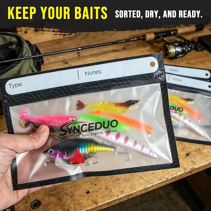 Synceuo 50pcs Soft Plastic Bait Bags, 7"x5" Reusable Bait Packaging Storage with Label Strips for Fishing Lure Making Supplies, Clear Soft Bait Binder Small Tackle Organizer