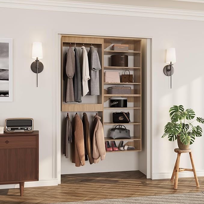 ROOMTEC Modular Closet System, 49" Wall-Mounted Closet Organizer with Hanging Rods and Shelves, Wooden Tower for Walk-In Closets, Wardrobe Storage Kit, Wood