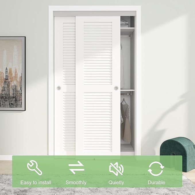 4FT/48" Bypass Door Hardware, Aluminum Double-Closing Sliding Closet Door Hardware with Finger Pull Included, Smoothly and Quietly, Fit Door Thickness 1 3/8" or 1 3/4", Silver