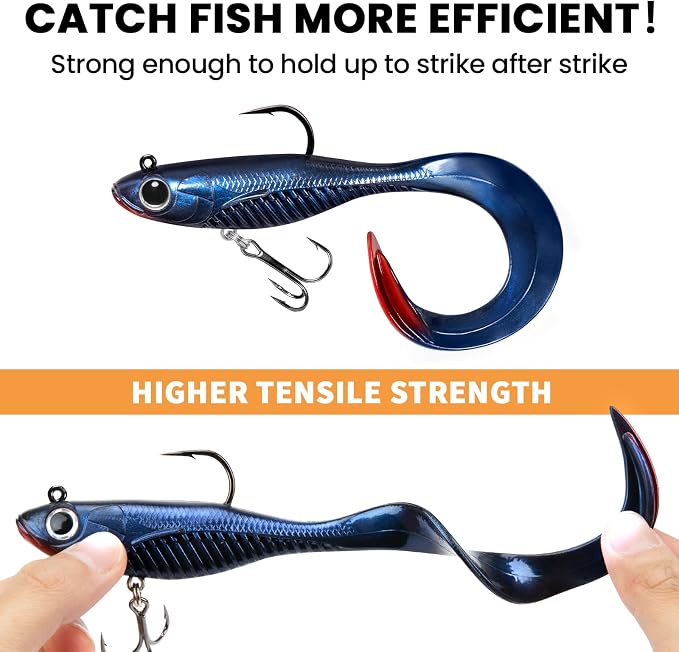TRUSCEND Duramax Pre-Rigged Fishing Lures with BKK Jig Hooks, 10X Tear-Resistant TPE Soft Swimbaits for Bass Striper Trout Crappie Walleye Grouper, Lifelike Fishing Baits for Saltwater and Freshwater