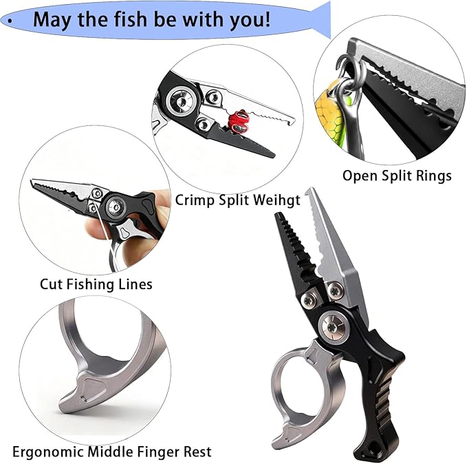 Mini Fishing Pliers with Zinger Retractor, Split Ring Pliers for Saltwater & Freshwater, Tungsten Carbide Braid Cutters & Hook Remover, Compact Multitool for Freshwater Fly Fishing,Bass Fishing
