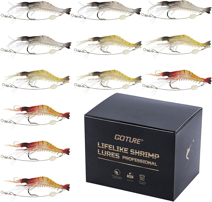 Goture Soft Shrimp Lures Fishing Saltwater Luminous Shrimp Bait Set Fishing Lures with Sharp Hooks for Freshwater Saltwater Trout Bass Salmon Crappie Walleye Pike Perch
