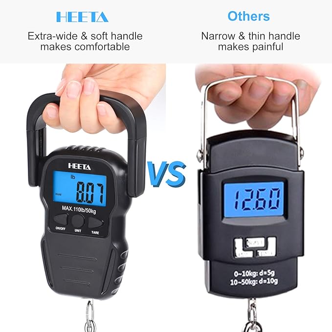 HEETA Fish Scale with Backlit LCD Display, Up to 110lb/50kg Digital Portable Hanging Fish Weight Scale with Hook & Measuring Tape for Home, Farm, Outdoor, Hunting, Fishing, 2 AAA Batteries Included
