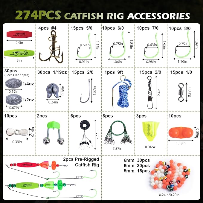 Goture Catfish Rig Making Kit,274pcs/300pcs Catfishing Tackle with Luminous Fishing Hook Swivel Sinker Weights Rattle Float Bobber Stoppers,Catfish Rigs Accessories with 3600 Tackle Box,Gifts for Men