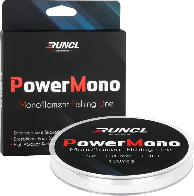 RUNCL PowerMono Fishing Line, Ice Monofilament Fishing Line 300/500/1000Yds - Ultimate Strength, Shock Absorber, Suspend in Water, Knot Friendly 3-35LB, Low & High-Vis Available, Gift Decoration