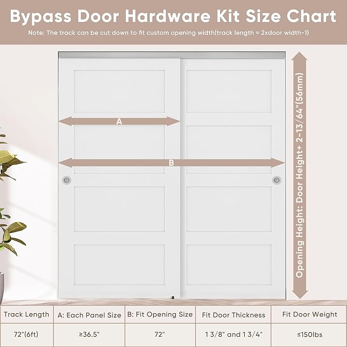 JUBEST 6FT/72 Heavy Duty Bypass Door Hardware with Soft Close Mechanism, Sliding Closet Door Hardware Set for 2 Door System, Smoothly and Quietly, Fit Door Thickness 1 3/8" or 1 3/4", Easy to Install