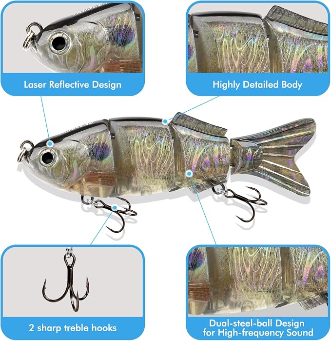 TRUSCEND Swimmax Easy Catch Fishing Lures with BKK Hooks, Wiggling, Vibrating, Rattling and Gurgling for More Bite, Heavy-Duty Dyneema Fiber Jointed Swimbaits for Bass, Trout, Walleye, Crappie, Pike