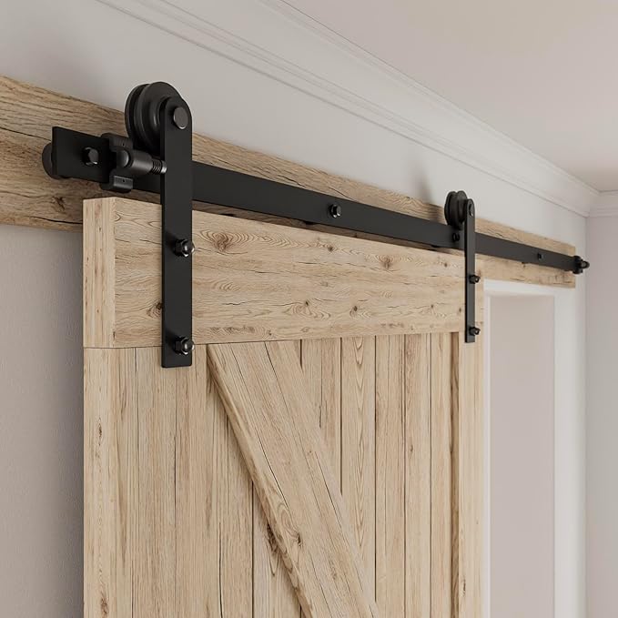 CCJH 8FT Single Sliding Barn Door Hardware Kit Black Carbon Steel Hanger Flat Track System for Closet Kitchen 1 Door 48 inch Wide, Smoothly and Quietly I Shape Roller