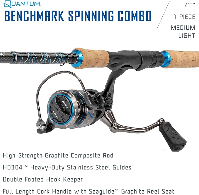 Quantum Benchmark Spinning Reel and Fishing Rod Combo, Graphite Composite Blank, 5+1 Bearings, Silver/Blue