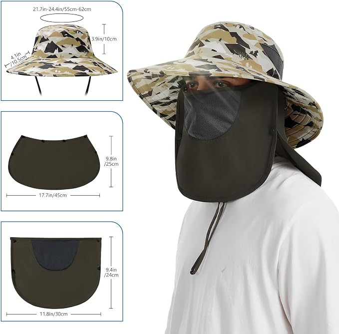 BASSDASH UPF 50+ Breathable Sun Hat with Removable Face Cover and Neck Flap Wide Brim Bucket Hat for Fishing Hiking Men Women