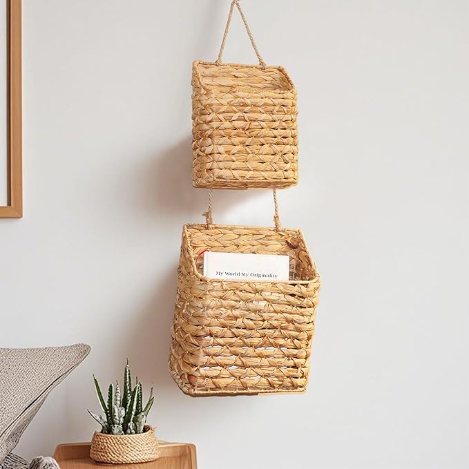 2-Tier Wall Hanging Wicker Water Hyacinth storage baskets Set,Woven Rustic Natural Farmhouse Door Baskets Organizer for decor,Kitchen Pantry, Home Office, Entryway, Bathroom