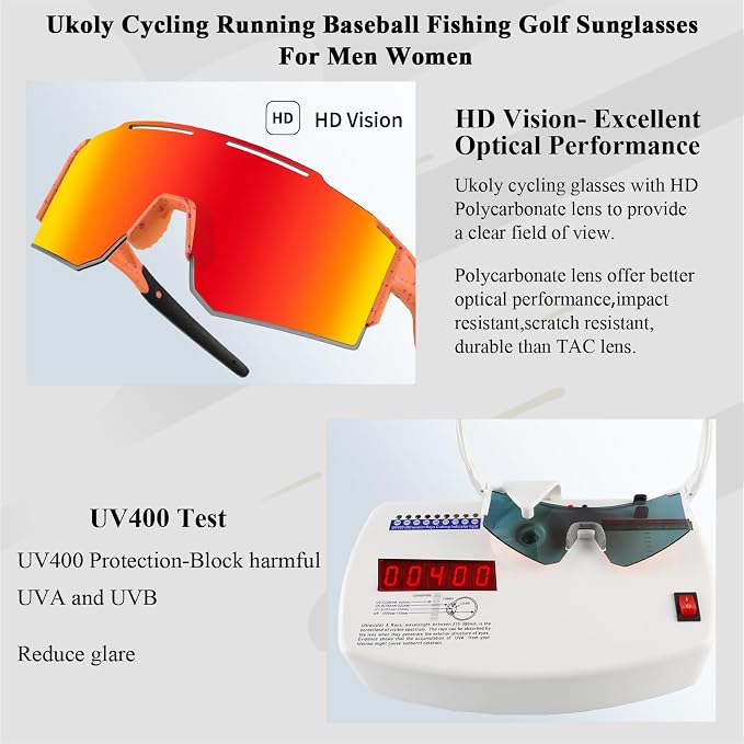 Ukoly Cycling Sunglasses for Men Women with 3 Interchangeable Lenses, Polarized Sports Sunglasses, Baseball Sunglasses