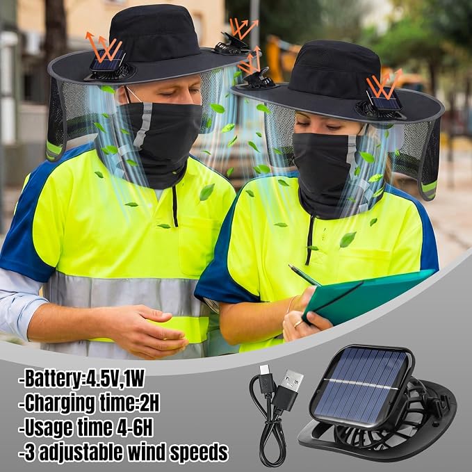 Solar Hat with Fans, Wide Brim Cooling Sun Hat with Removable Dual Fans USB Charging Neck Cover for Outdoor Fishing