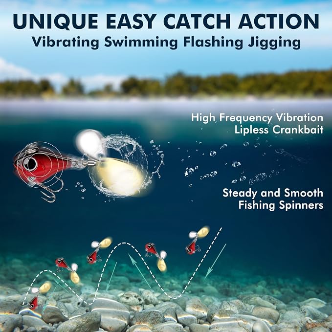 TRUSCEND Vibespinner Easy Catch Fishing Lures with BKK Hooks, Tail Spinner Baits with 4 Actions, Vibrating Swimming Flashing & Jigging for More Bites, Spoon Lures for Bass Trout Crappie Walleye Pike