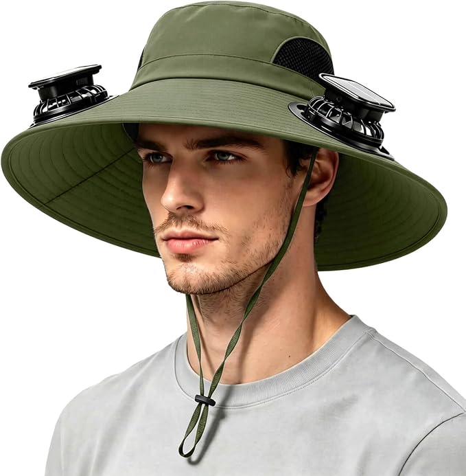 Solar Powered Fan Hat for Men Women Wide Brim Hat with 2 Fans UPF 50+ Outdoor Fishing Beach Sun Hat