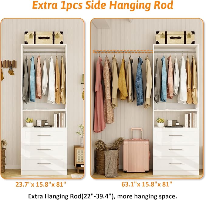 Closet System with Wooden Drawers, 2FT Closet Organize System with 3 Drawers & 2 Hanging Rods &for Walk in Closets, 24" Freestanding Closet System, White(2FT)