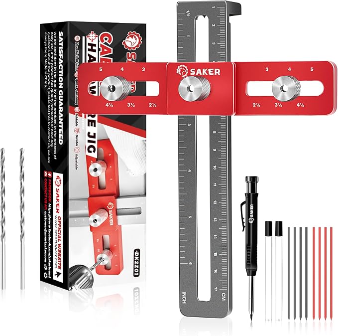 Saker Cabinet Hardware Doweling Jig - Cabinet Handle Template Tool for Knobs and Pull - Adjustable Self Centering Punch Locator Precise Woodworking Drill Guide (5" Jig Saw with pencil)