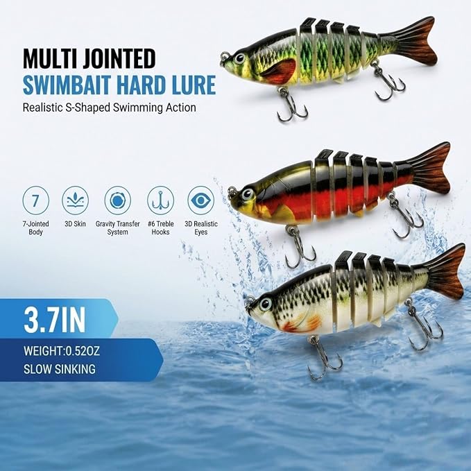 Multi Jointed Swimbait Hard Lure, 3.7in Slow Sinking Fishing Lures with Realistic S-Shaped Swimming Action, Built-in Gravity Transfer System & #6 Treble Hooks for Bass, Trout, Pike, Topwater Lure