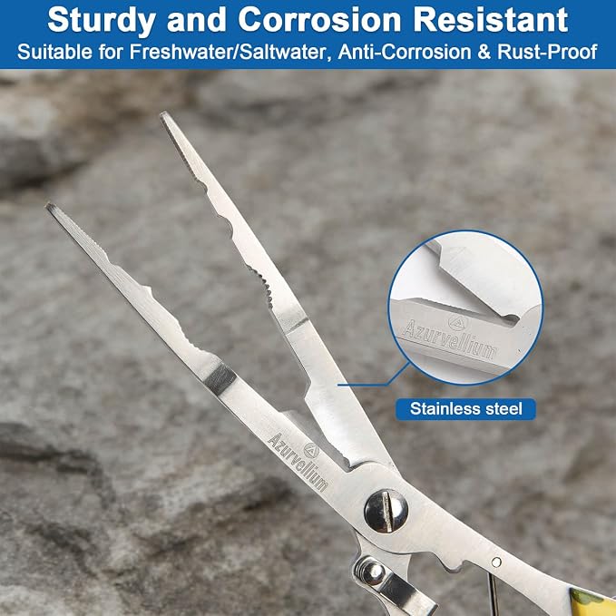 Fishing Needle Nose Pliers for Saltwater, Long Nose Stainless Steel Hook Remover with Braid Line Cutter and Split Ring Tool, Spring Loaded Fishing Pliers