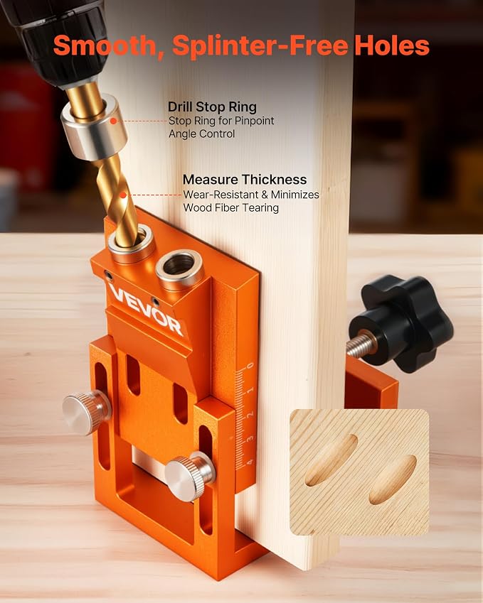 VEVOR Pocket Hole Jig Kit, 0.47 to 1.89 in Adjustable, Jig Pocket Hole System with Step Drill, Hex Wrench, Drill Stop Ring, Square Drive Bit, Plugs and Screws, Reinforced Metal Frame, for Woodworking