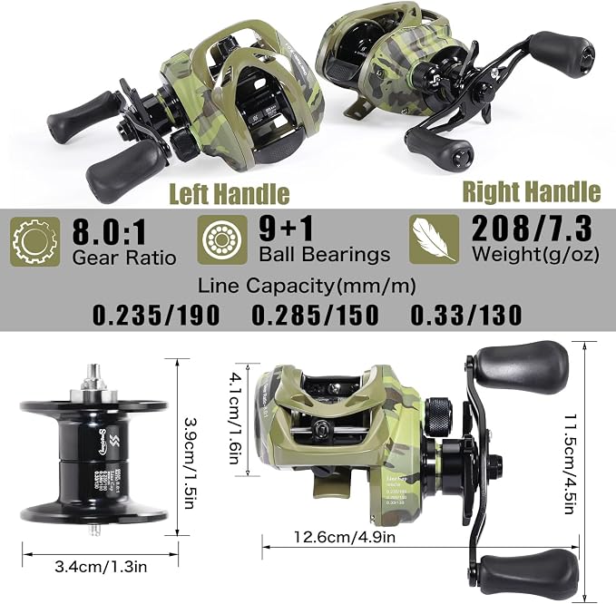 Sougayilang Baitcasting Reel, 8.0:1 High Speed Gear Ratio, 18LB Carbon Drag, 9+1 Shielded Bearings, Magnetic Brake System, Anti-Backlash, Smooth Casting Reel for Bass Fishing, Beginner to Professional