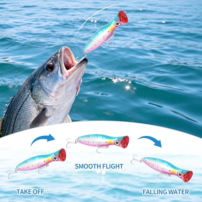 Large Top Water Popper Lure: 2pcs 3D Eyes Tuna Popper Saltwater Fishing Lures for Surf Fishing Gt Tuna Kingfish Large Predator Fish