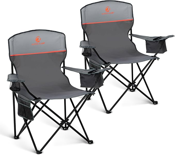 LET'S CAMP Camping Chair 2 Pack Folding Chair with 4-Can Cooler Bag Portable Lawn Chair with Cup Holder,Storage Pocket, Supports 250LBS, Collapsible Chair for Camp, Beach, Picnic (Grey)