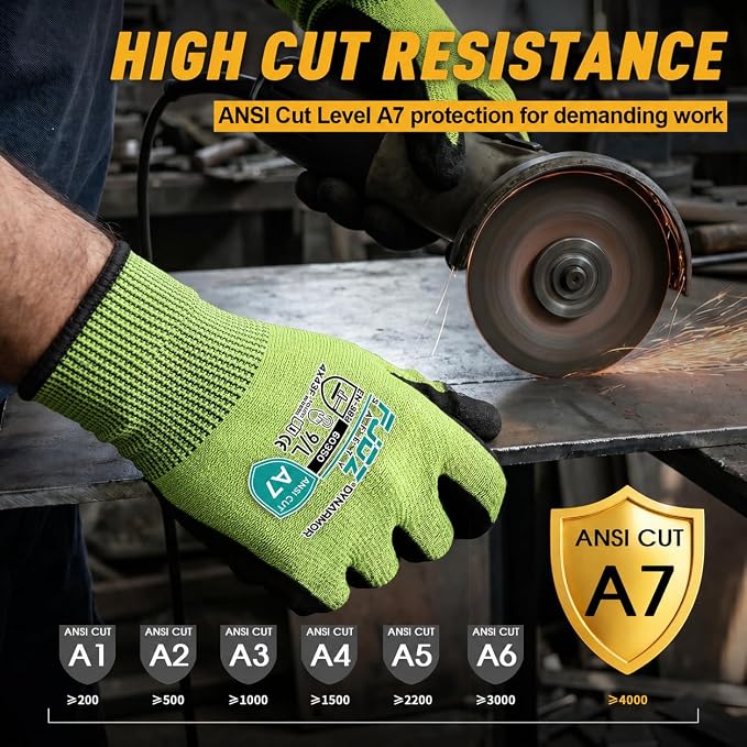 A7 Cut Resistant Work Gloves, 3 Pairs Nitrile Coated Cutting Glove for Woodworking,Construction,Fishing,Metalwork