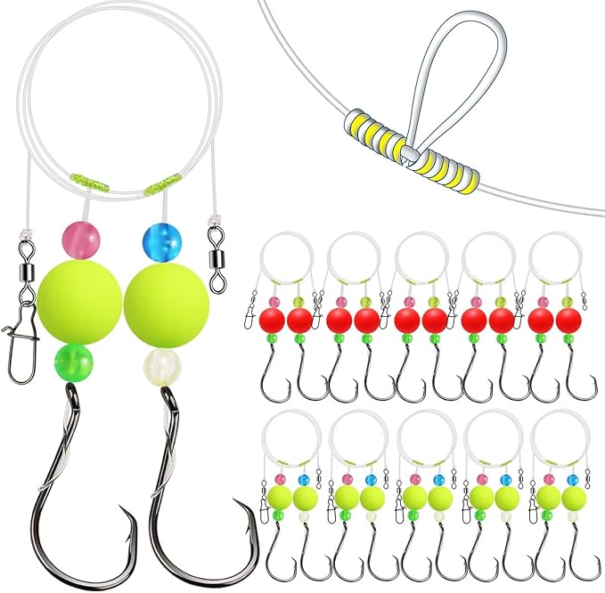 Dovesun 10PCS/4PCS Pompano Rigs for Surf Fishing Saltwater Fishing Rigs with Floats and Beads Unique Double-Line T-Knot Pre-Rigged Surf Fishing Gear & Tackle with Circle Hooks