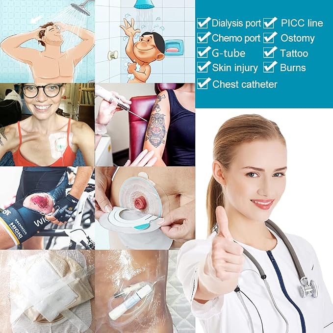 Waterproof Shower Protector Large Cover Shields for PICC Central Line Peritoneal Dialysis Chest Port Feeding Tube PD Catheter Accessories Bandages with Non-Stick Center Pad 12"x12"(Pack of 14)