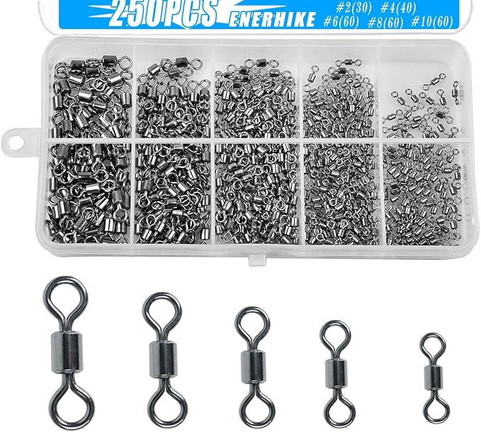 250pcs Fishing Swivel Rolling Barrel Swivel Stainless Steel Swivels Corrosion Resistance Black Nickle Connector for Freshwater Saltwater Fishing Tackle #2#4#6#8#10