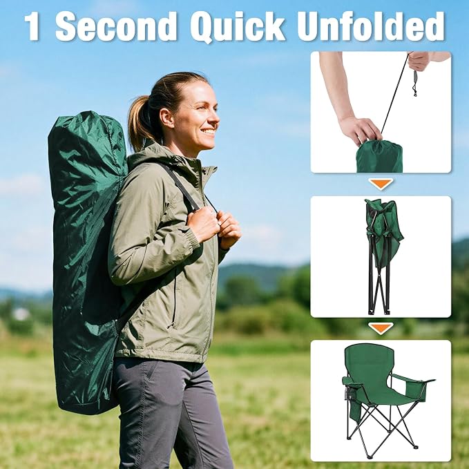 Camping Chairs for Adults 400LBS Capacity, 2 Pack Heavy Duty Folding Chair with 4-Can Cooler Bag, Portable Outdoor Chair with Cup Holder, Collapsible for Tailgating, Beach, Fishing, Green