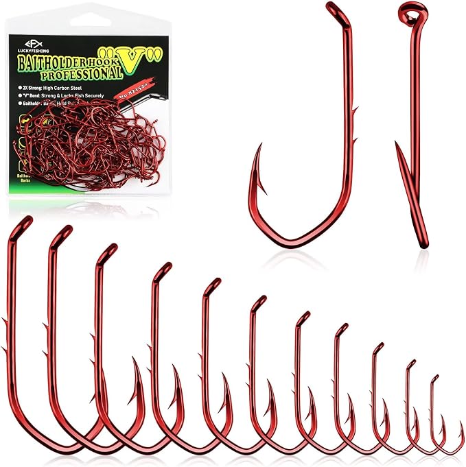 LUCKYFISHING Baitholder Fishing Hooks Saltwater Freshwater 100/80/70/60pcs Professional V Bait Holder Hooks for Bass Trout Crappie Soft Live Baits Black Red with Size 1 2 4 6 8 1/0-6/0