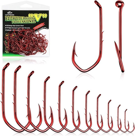 LUCKYFISHING Baitholder Fishing Hooks Saltwater Freshwater 100/80/70/60pcs Professional V Bait Holder Hooks for Bass Trout Crappie Soft Live Baits Black Red with Size 1 2 4 6 8 1/0-6/0