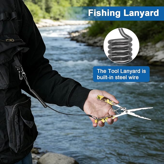 Fishing Needle Nose Pliers for Saltwater, Long Nose Stainless Steel Hook Remover with Braid Line Cutter and Split Ring Tool, Spring Loaded Fishing Pliers