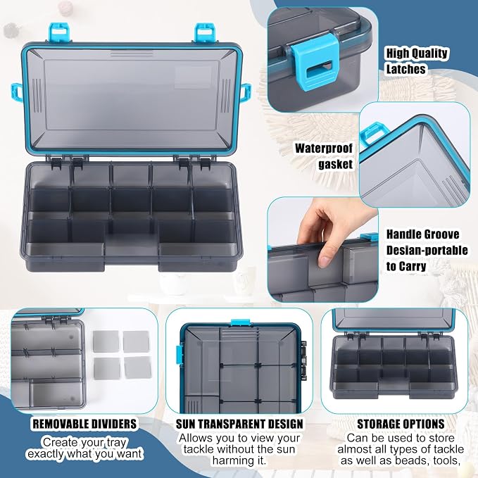 Wonderjune 6 Pack Fishing Tackle Boxes Waterproof 3600 and 3700 Tackle Trays with Removable Dividers Plastic Storage Organizer Bait Vault Camouflage Box for Freshwater Saltwater (Blue,3600)