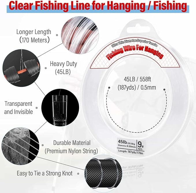 Clear Fishing Wire, Acejoz 656FT Fishing Line Clear Invisible Hanging Wire Strong Nylon String Supports 40 Pounds for Balloon Garland Hanging Decorations