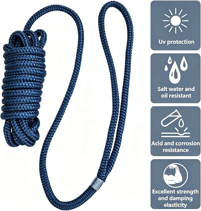 4 Pack 3/8" x 15’ Boat Dock Lines for Boat & Pontoon, Premium Marine- Grade Double Braided Nylon Dock Line, Pre-Spliced with a 12" Eyelet-Navy Blue,Boating Gifts for Men