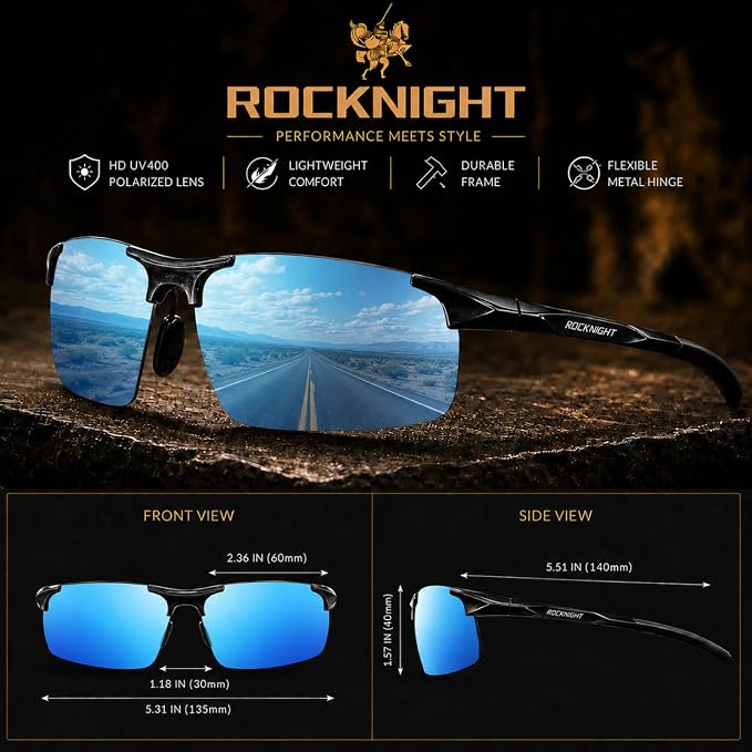 ROCKNIGHT Polarized Rectangular Sunglasses for Men Driving UV400 Protection Lightweight Al‑Mg Frame