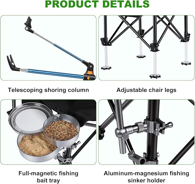 Folding Fishing Chair with Complete Accessories, Portable Camping Chair for Outdoor Fishing, 220LBS Load-Bearing, Non-Slip All-Terrain Design with Storage Bags, Carbon Steel Fishing Chair