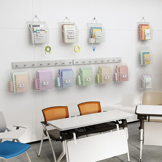 Wall File Organizer Metal Hanging File Organizer,Wall Mount File Holder, Magazine Rack and Mail Holder with Hooks for Home Office, 4 Packs, White(Patent Pending)